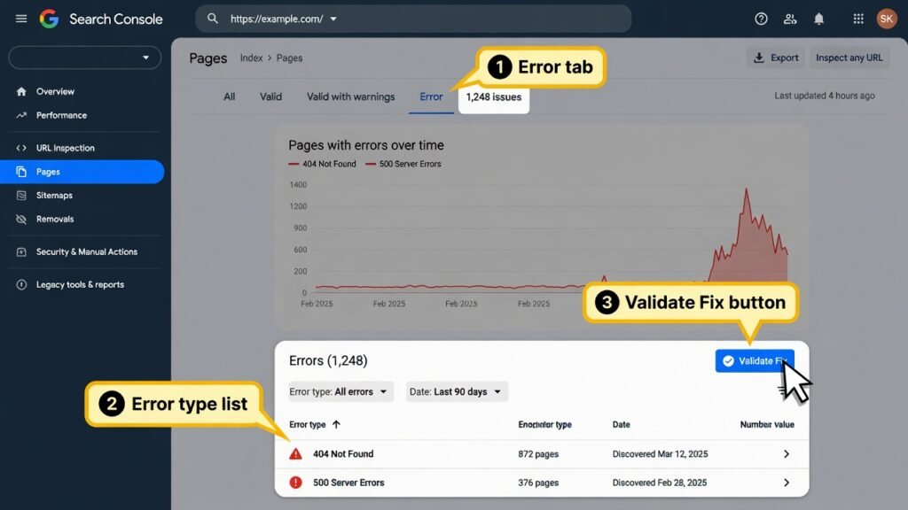 Google Search Console interface Errors